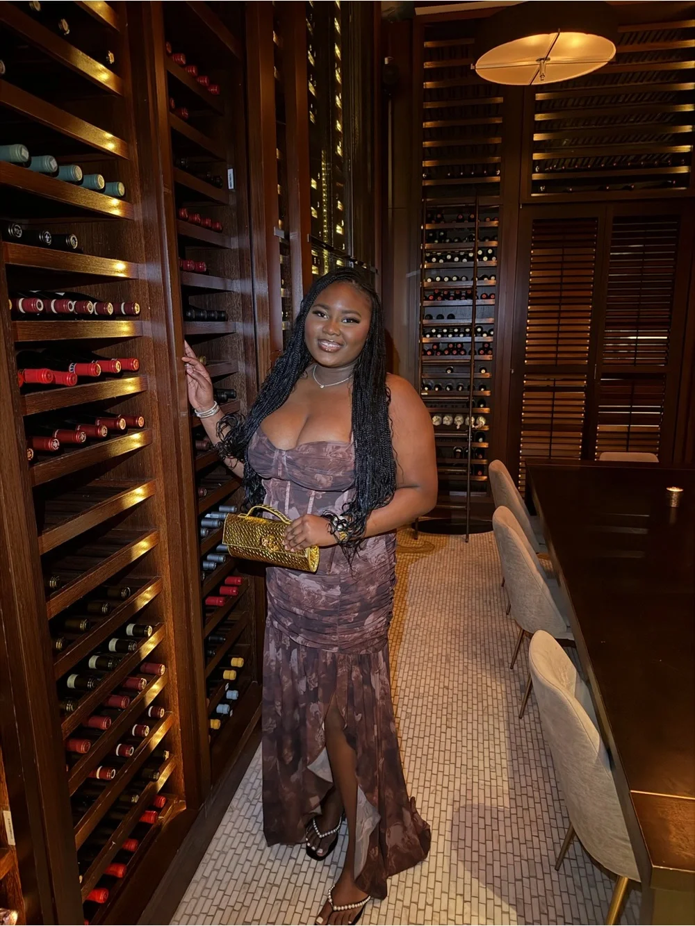Fashion Nova Brown Floral Evening Gown with Side Slit